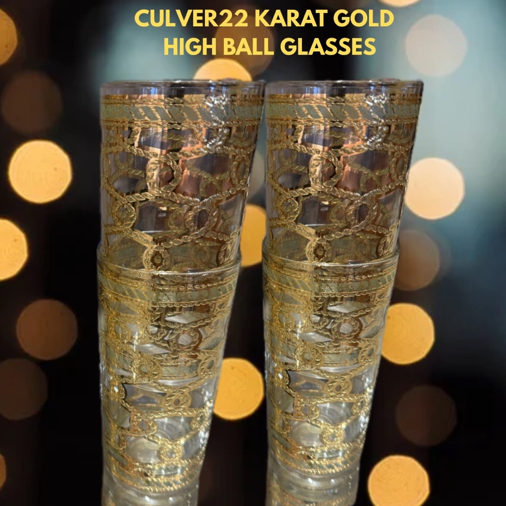 4- Culver 22K Gold Intertwined Golden Rope High Ball Glasses